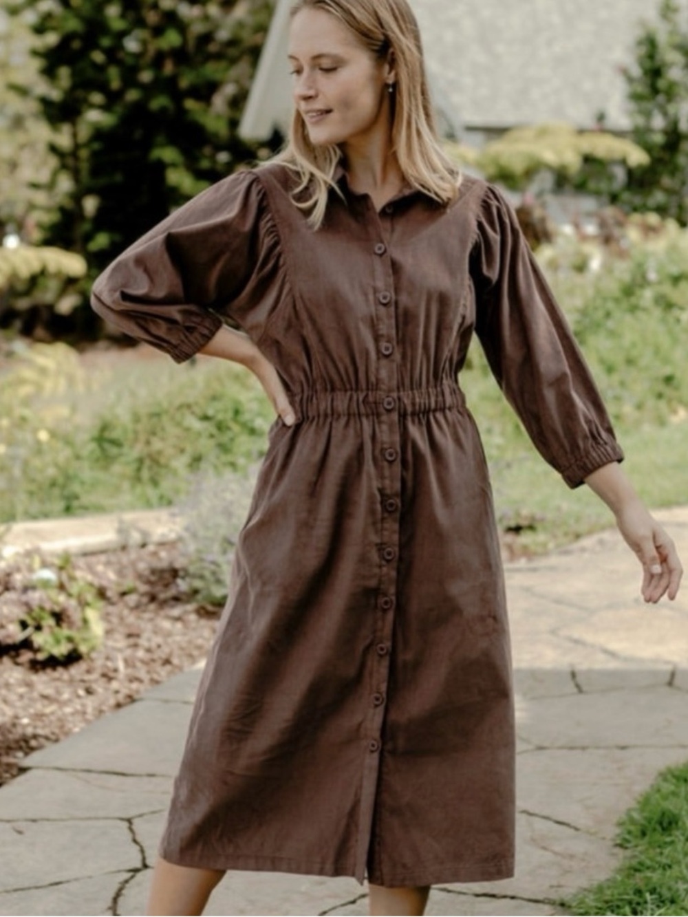 Neuflora Brown Corduroy Midi Dress Medium